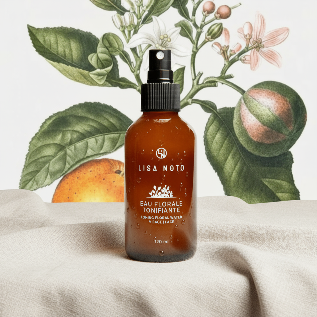 Flacon brun 120ml avec vaporisateur noir et étiquette blanche Toning Floral Water Oréra.