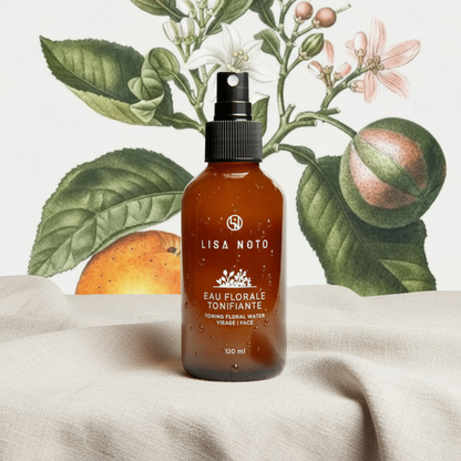 Flacon brun 120ml avec vaporisateur noir et étiquette blanche Toning Floral Water Oréra.