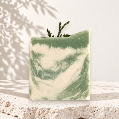 Savon carré vert et blanc marbré au lait de chèvre avec branche décorative, style artisanal.